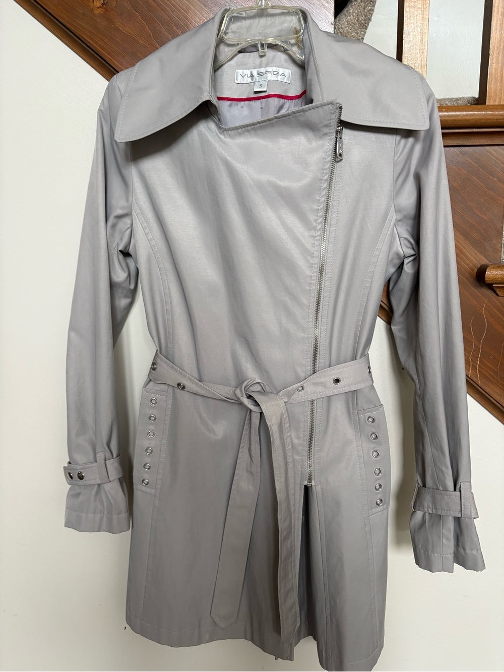 Via Spiga Light Gray Asymmetrical Zip Trench Coat